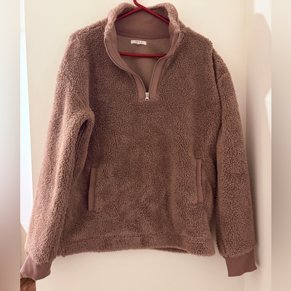 Cozy Half-Zip Teddy Pullover Sweater in Taupe